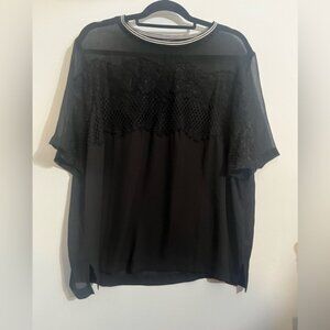 Lane Bryant Black sheer top with black laces roses and athletic striped collar